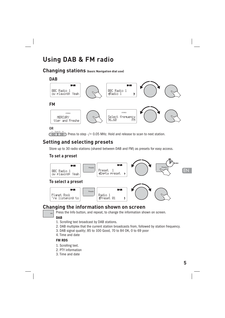 Using dab & fm radio, Changing stations, Setting and selecting presets | Changing the information shown on screen, Dab fm | Pure Sirocco 150 User Manual | Page 7 / 88