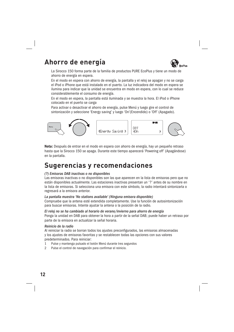 Ahorro de energía, Sugerencias y recomendaciones | Pure Sirocco 150 User Manual | Page 84 / 88