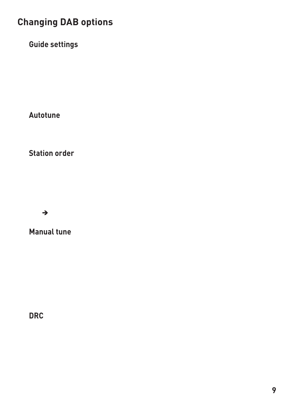 Changing dab options, Guide settings, Autotune | Station order, Manual tune | Pure Legato 2 User Manual | Page 11 / 20