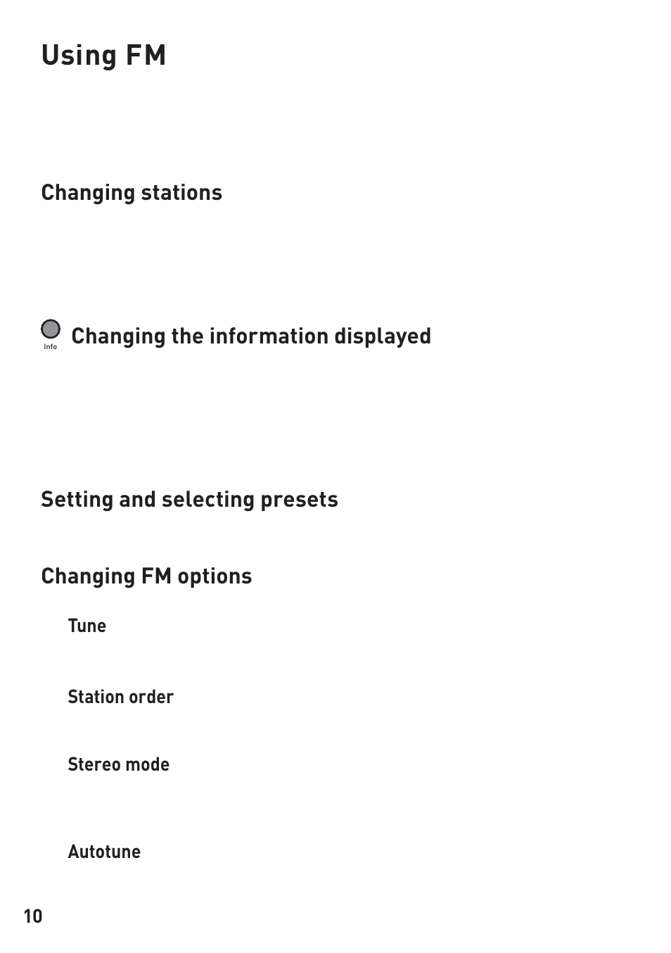Using fm, Changing stations, Changing the information displayed | Setting and selecting presets, Changing fm options | Pure Legato 2 User Manual | Page 12 / 20