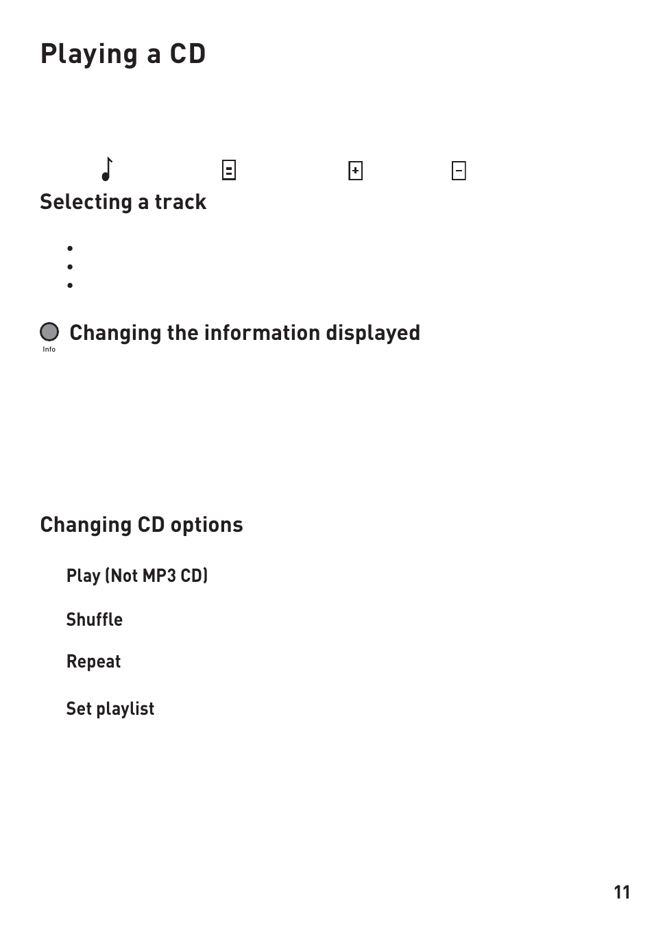 Playing a cd, Selecting a track, Changing the information displayed | Changing cd options, Play (not mp3 cd), Shuffle, Repeat, Set playlist | Pure Legato 2 User Manual | Page 13 / 20
