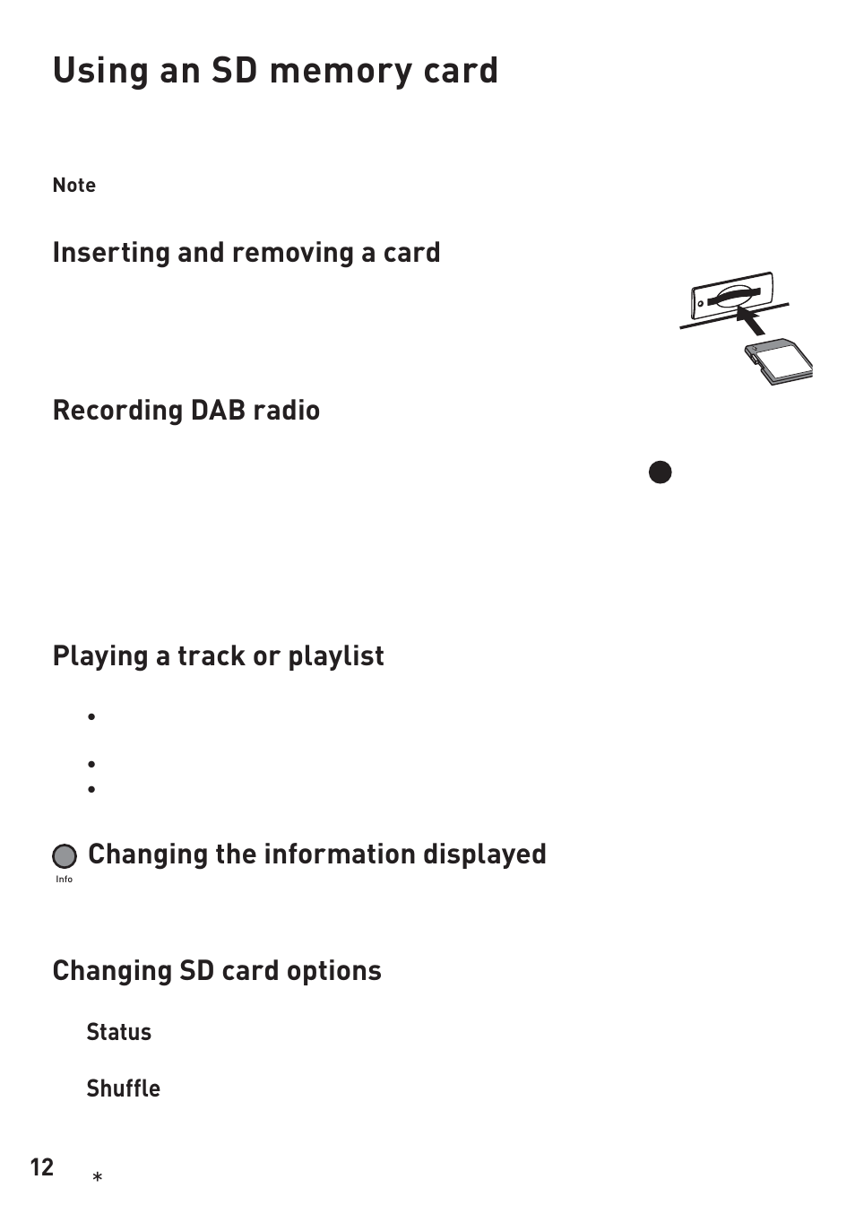 Inserting and removing a card, Recording dab radio, Playing a track or playlist | Changing the information displayed, Changing sd card options | Pure Legato 2 User Manual | Page 14 / 20