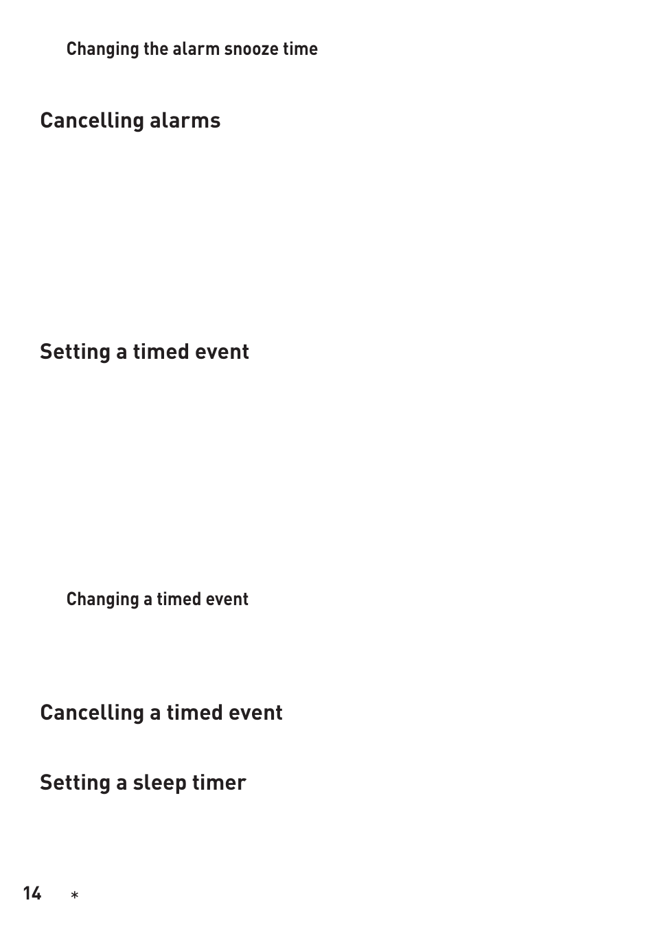 Cancelling alarms, Setting a timed event, Cancelling a timed event | Setting a sleep timer, 14 changing the alarm snooze time, Changing a timed event | Pure Legato 2 User Manual | Page 16 / 20