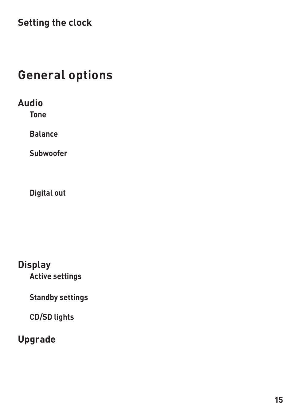 General options, Setting the clock, Audio | Display, Upgrade | Pure Legato 2 User Manual | Page 17 / 20