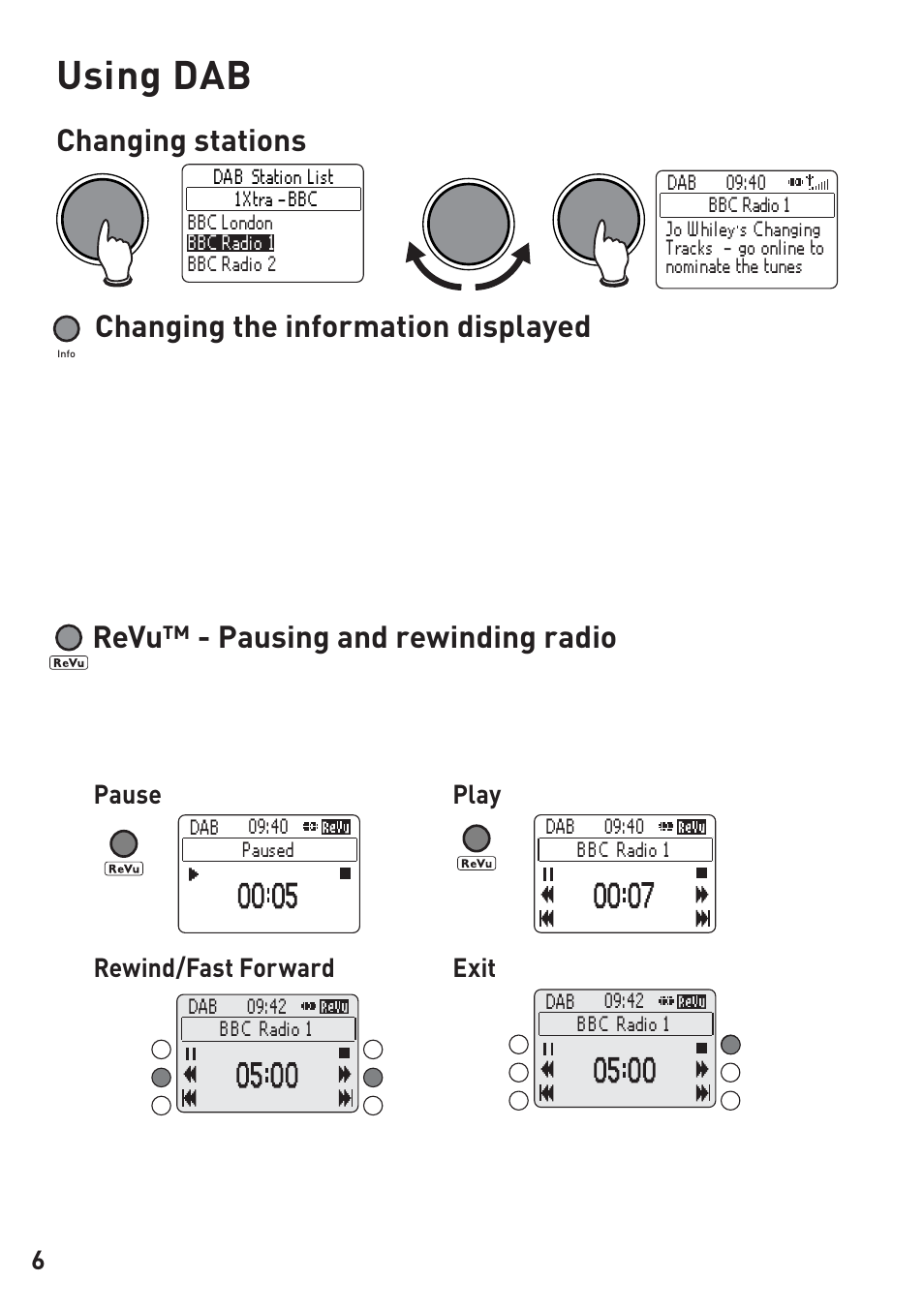 Using dab, Revu™ - pausing and rewinding radio, Pause play rewind/fast forward exit | Pure Legato 2 User Manual | Page 8 / 20