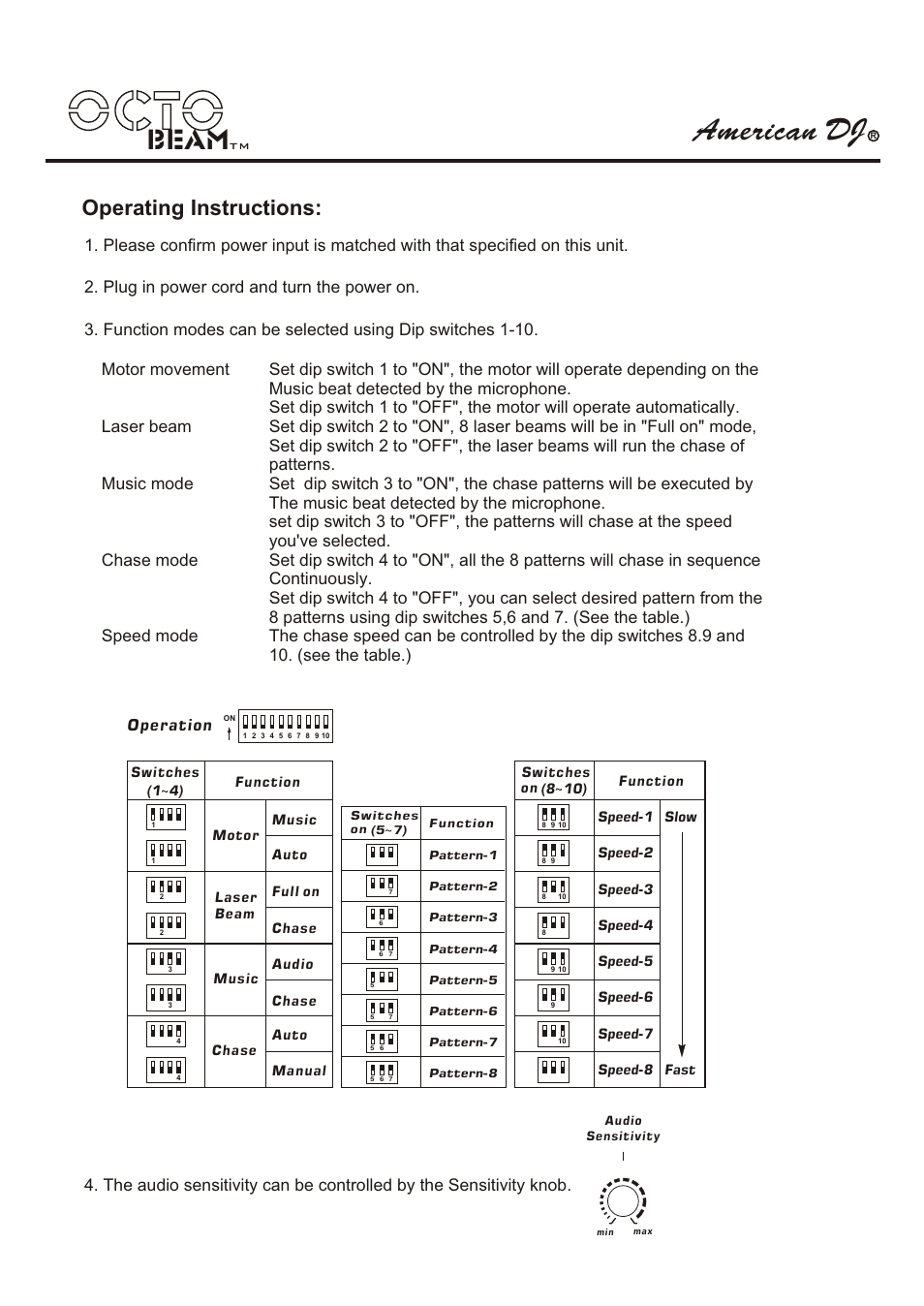 Octo, American dj, Beam | Operating instructions, Operation | American DJ Octo Beam User Manual | Page 2 / 2