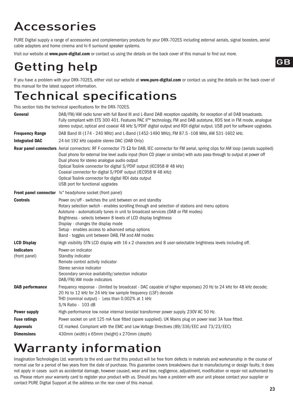 Getting help, Accessories, Technical specifications | Warranty information | Pure DRX-70x series tuners User Manual | Page 13 / 16