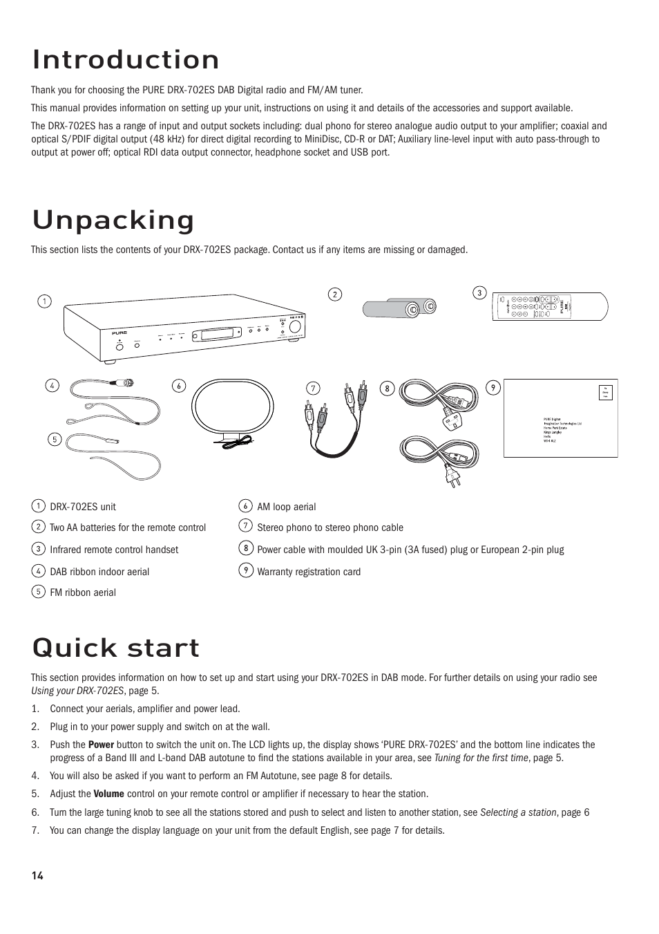 Unpacking, Introduction, Quick start | Pure DRX-70x series tuners User Manual | Page 4 / 16