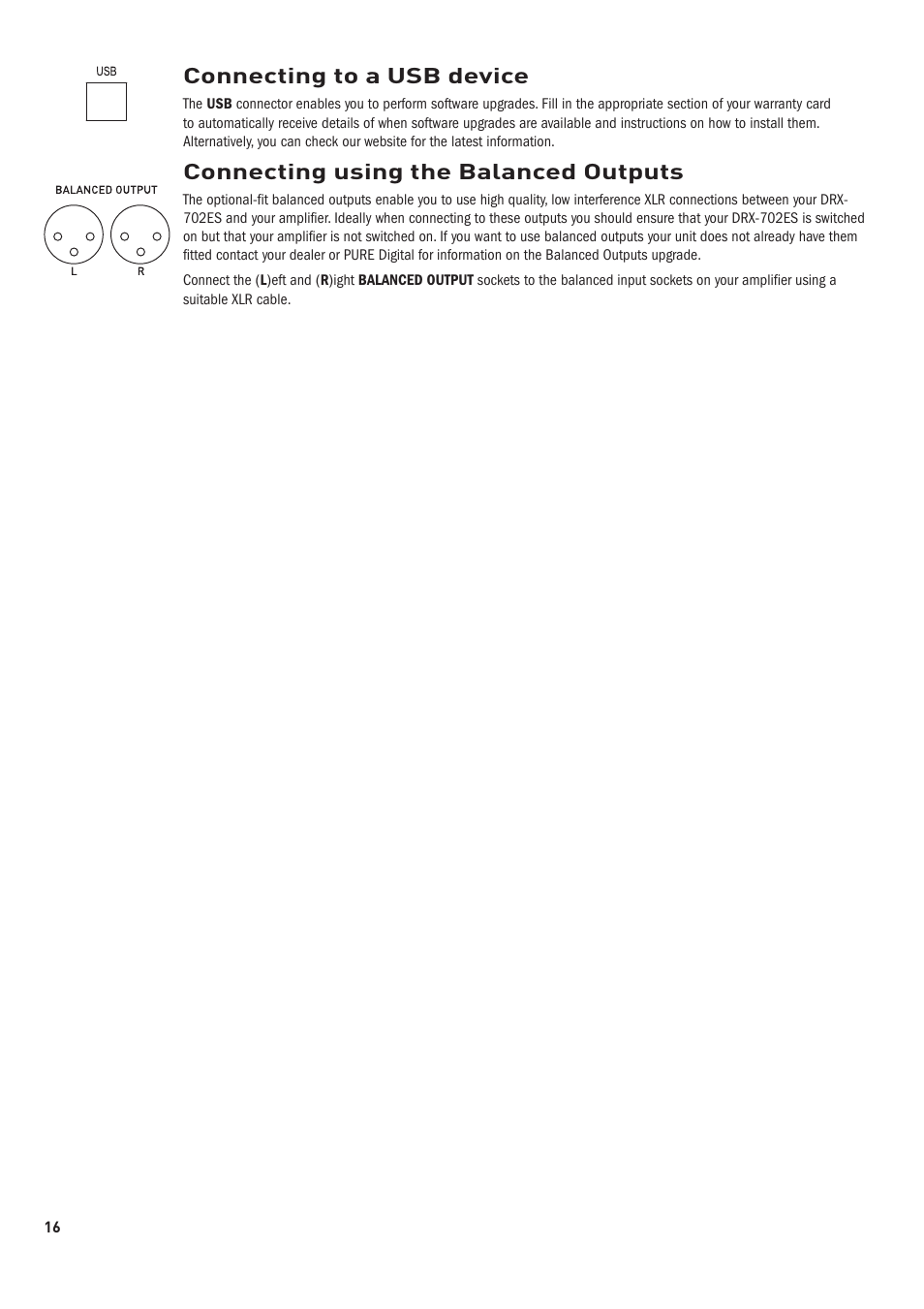 Connecting to a usb device, Connecting using the balanced outputs | Pure DRX-70x series tuners User Manual | Page 6 / 16