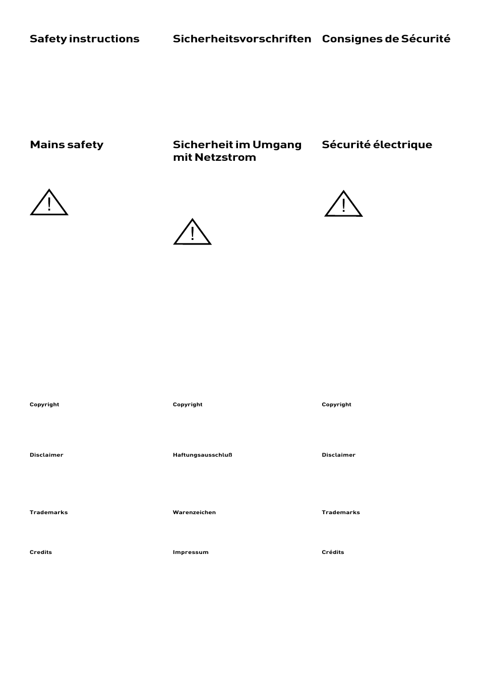 Safety instructions, Sicherheitsvorschriften, Consignes de sécurité | Mains safety, Sicherheit im umgang mit netzstrom, Sécurité électrique | Pure DRX-601 series tuners User Manual | Page 2 / 15