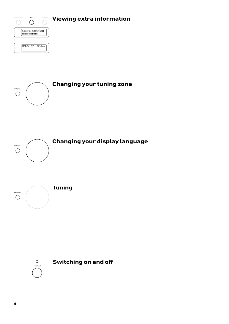 Viewing extra information, Changing your tuning zone, Changing your display language | Switching on and off, Tuning | Pure DRX-601 series tuners User Manual | Page 8 / 15