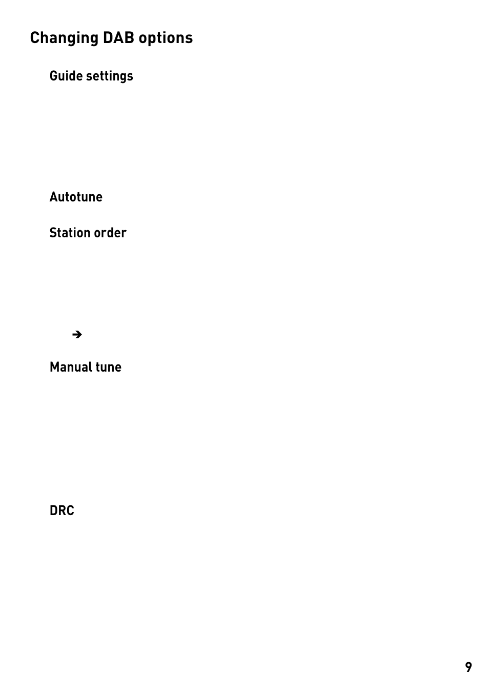 Changing dab options, Guide settings, Autotune | Station order, Manual tune | Pure DMX-60 User Manual | Page 11 / 20