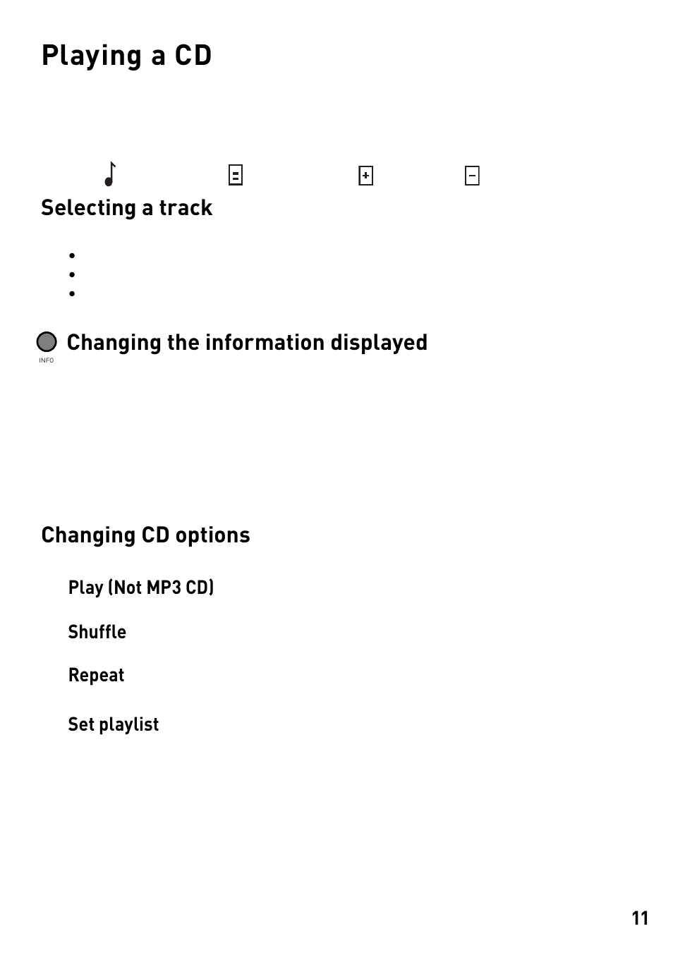 Playing a cd, Selecting a track, Changing the information displayed | Changing cd options, Play (not mp3 cd), Shuffle, Repeat, Set playlist | Pure DMX-60 User Manual | Page 13 / 20