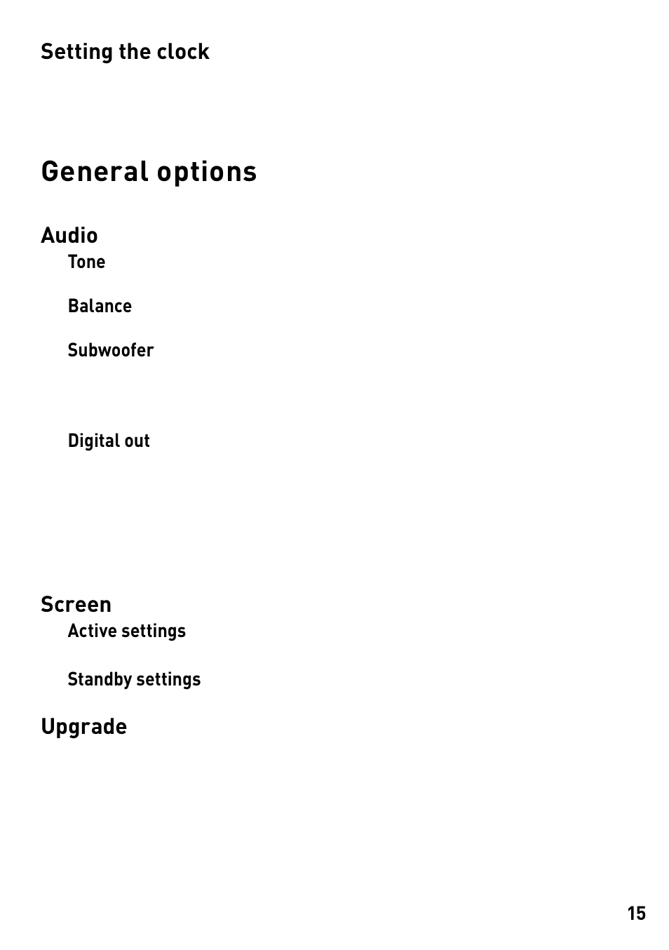 General options, Setting the clock, Audio | Screen, Upgrade | Pure DMX-60 User Manual | Page 17 / 20