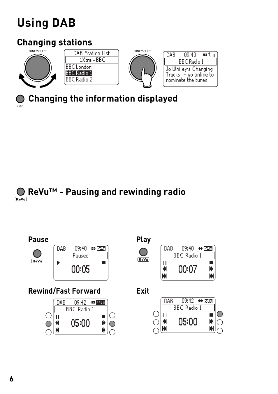 Using dab, Revu™ - pausing and rewinding radio, Pause play rewind/fast forward exit | Pure DMX-60 User Manual | Page 8 / 20