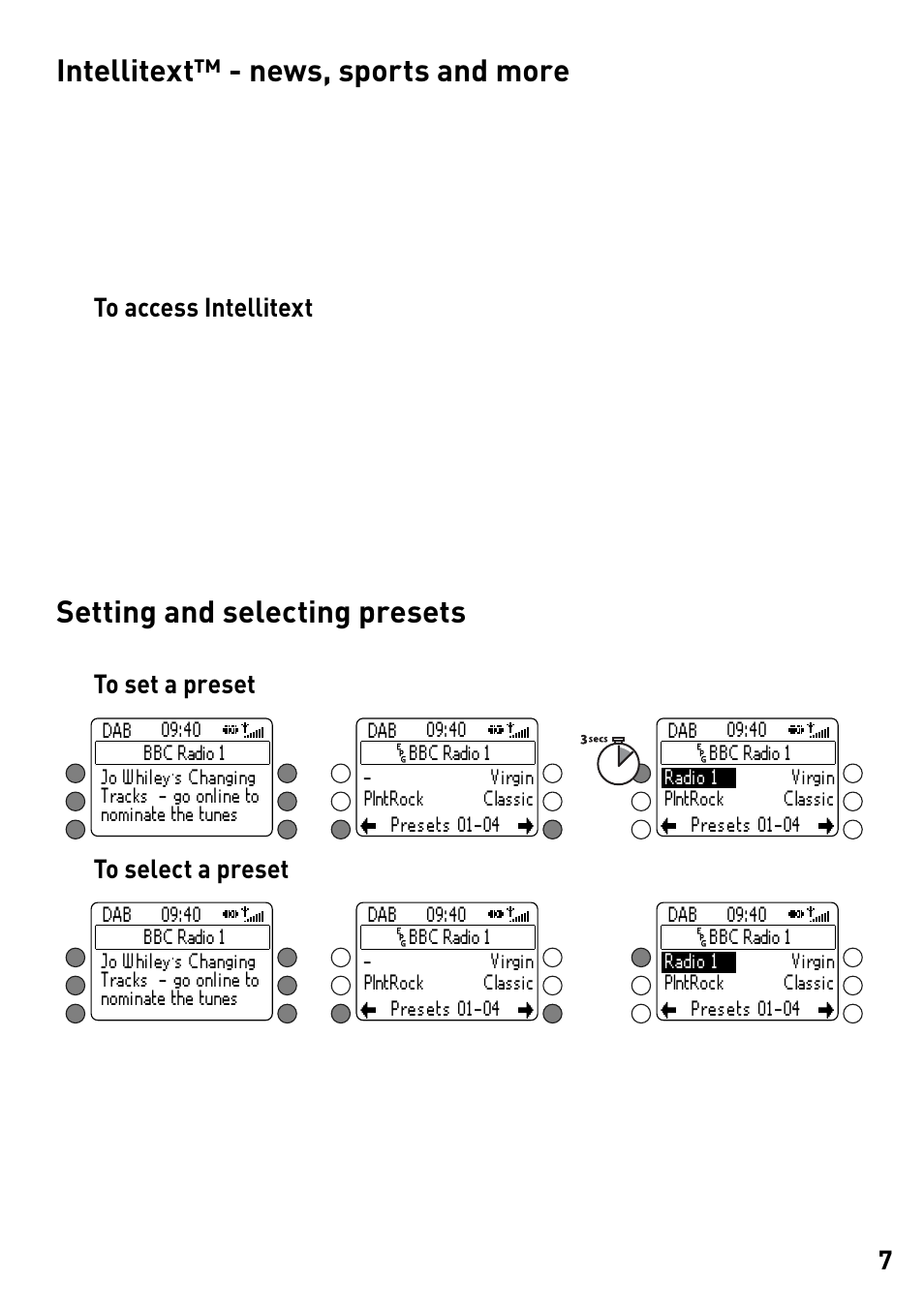 Intellitext™ - news, sports and more, Setting and selecting presets | Pure DMX-60 User Manual | Page 9 / 20