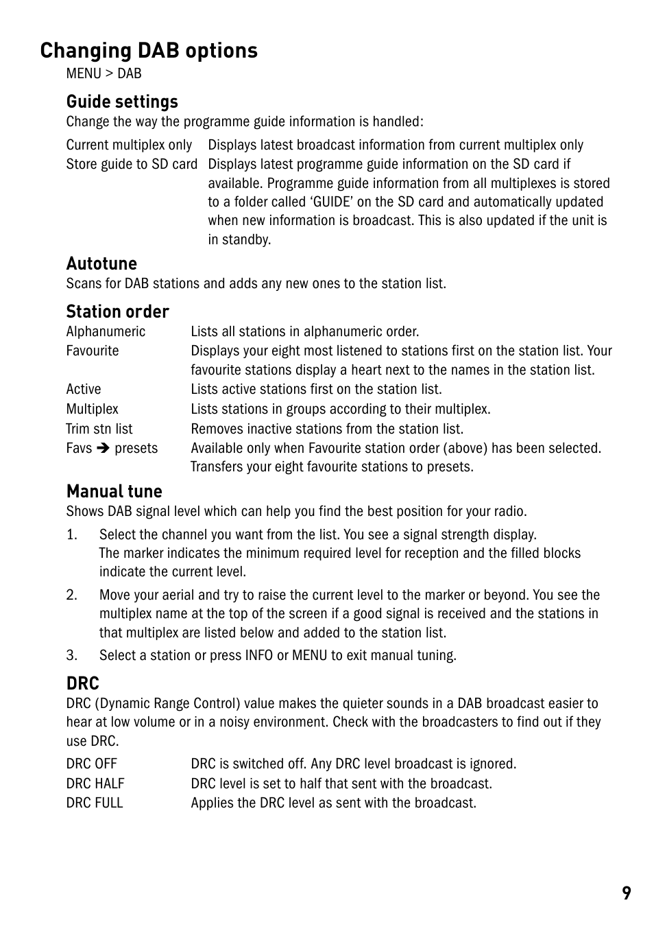 Changing dab options, Guide settings, Autotune | Station order, Manual tune | Pure DMX-50 User Manual | Page 11 / 20