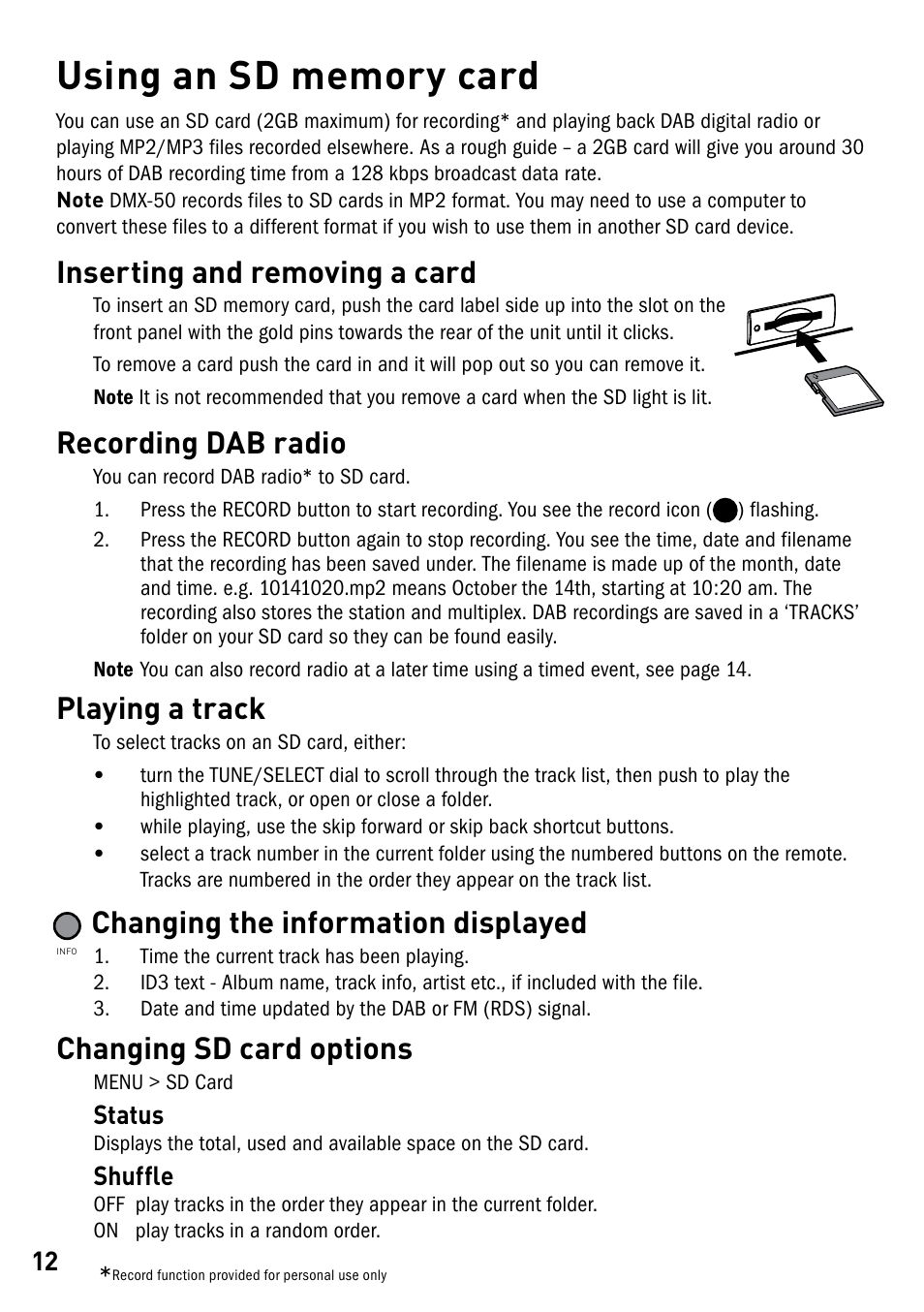 Inserting and removing a card, Recording dab radio, Playing a track | Changing the information displayed, Changing sd card options | Pure DMX-50 User Manual | Page 14 / 20