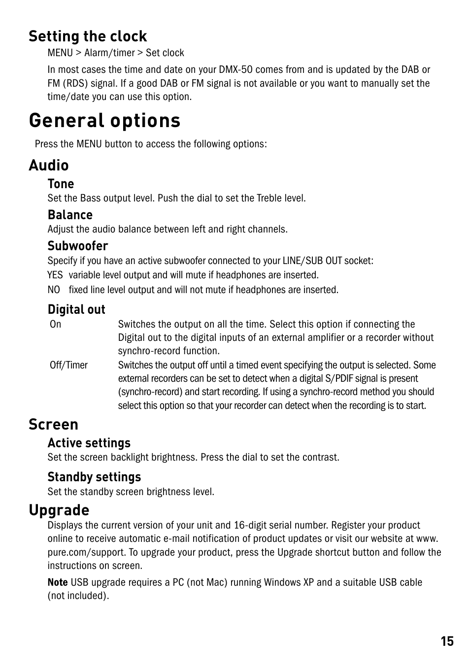 General options, Setting the clock, Audio | Screen, Upgrade | Pure DMX-50 User Manual | Page 17 / 20