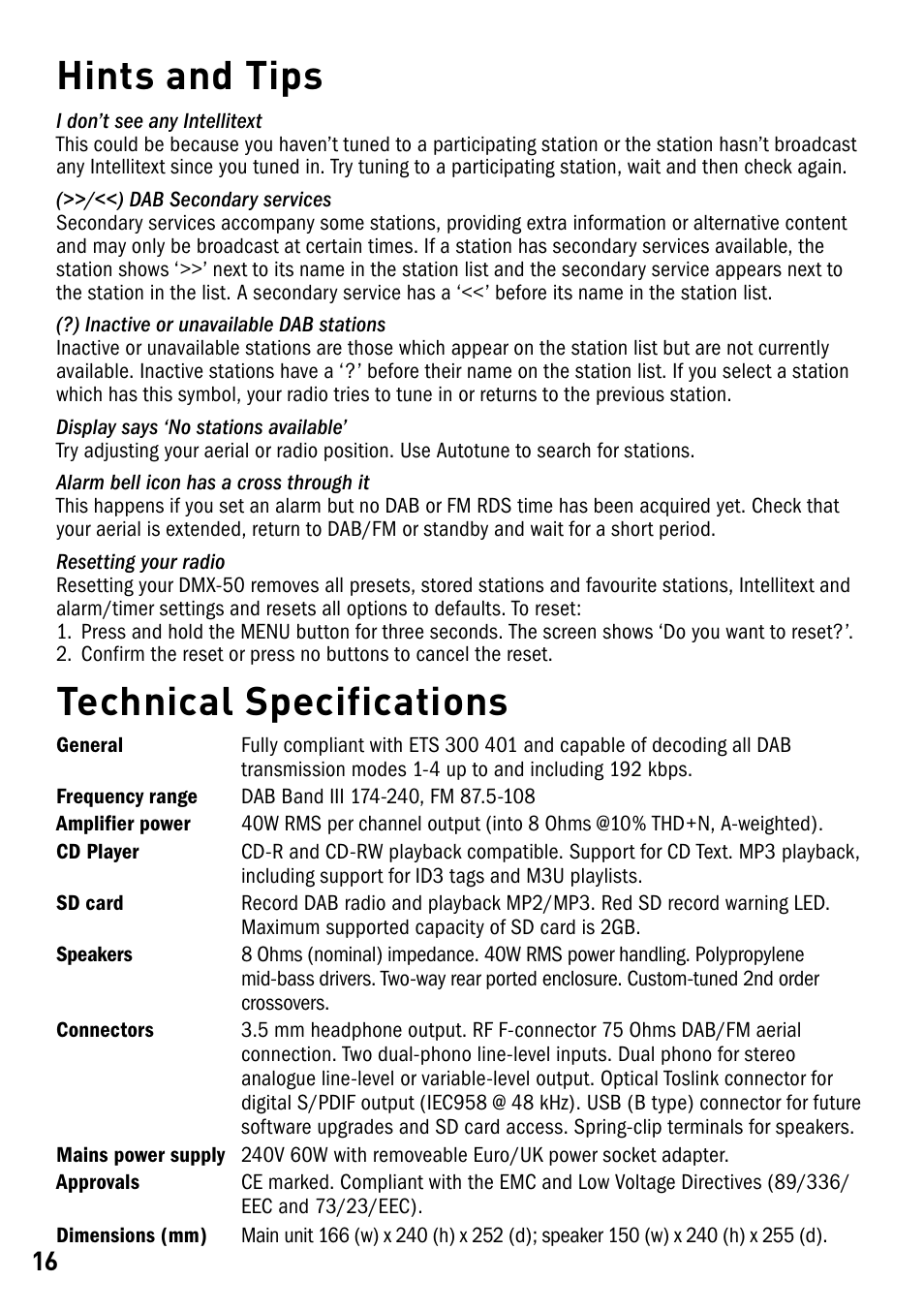 Hints and tips, Technical specifications | Pure DMX-50 User Manual | Page 18 / 20