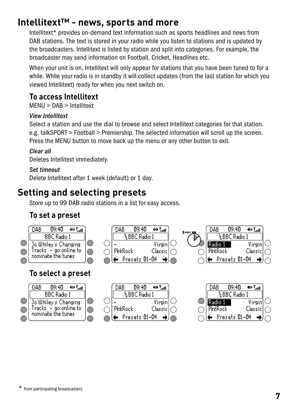 Intellitext™ - news, sports and more, Setting and selecting presets | Pure DMX-50 User Manual | Page 9 / 20