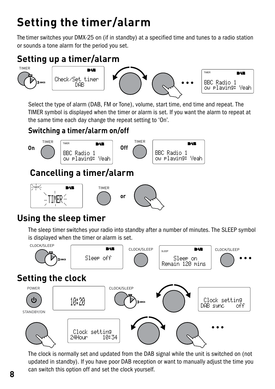 Setting the timer/alarm, C8<4a, Setting up a timer/alarm | Cancelling a timer/alarm using the sleep timer, Setting the clock, Switching a timer/alarm on/off | Pure DMX-25 User Manual | Page 10 / 14