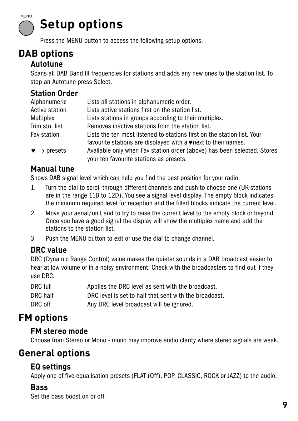Setup options, Dab options, Fm options | General options | Pure DMX-25 User Manual | Page 11 / 14