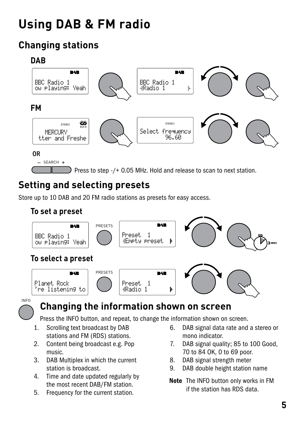 Using dab & fm radio, Changing stations, Setting and selecting presets | Changing the information shown on screen, Dab fm | Pure DMX-25 User Manual | Page 7 / 14