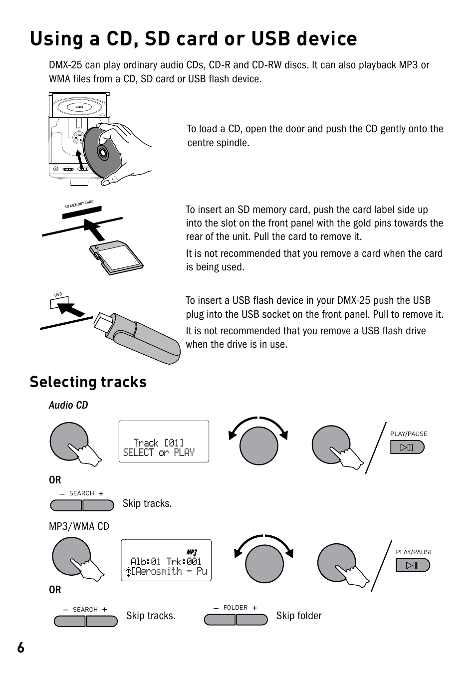 Using a cd, sd card or usb device, Selecting tracks, Caprzj l b4;42c^a?;0h | 0[q) caz) j0ta^b\xcw?d | Pure DMX-25 User Manual | Page 8 / 14