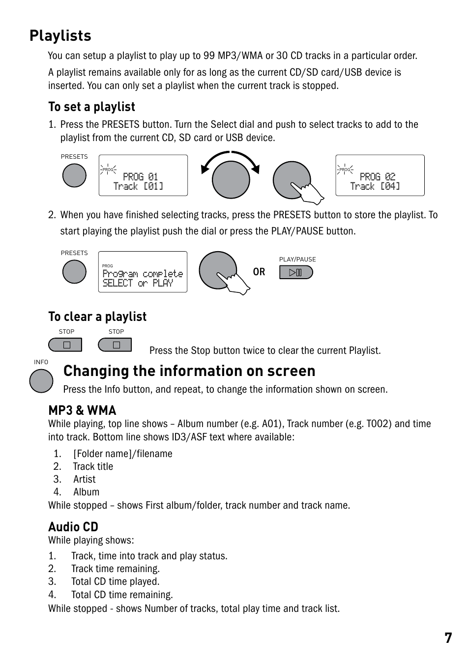 Playlists, Changing the information on screen, Mp3 & wma | Audio cd | Pure DMX-25 User Manual | Page 9 / 14