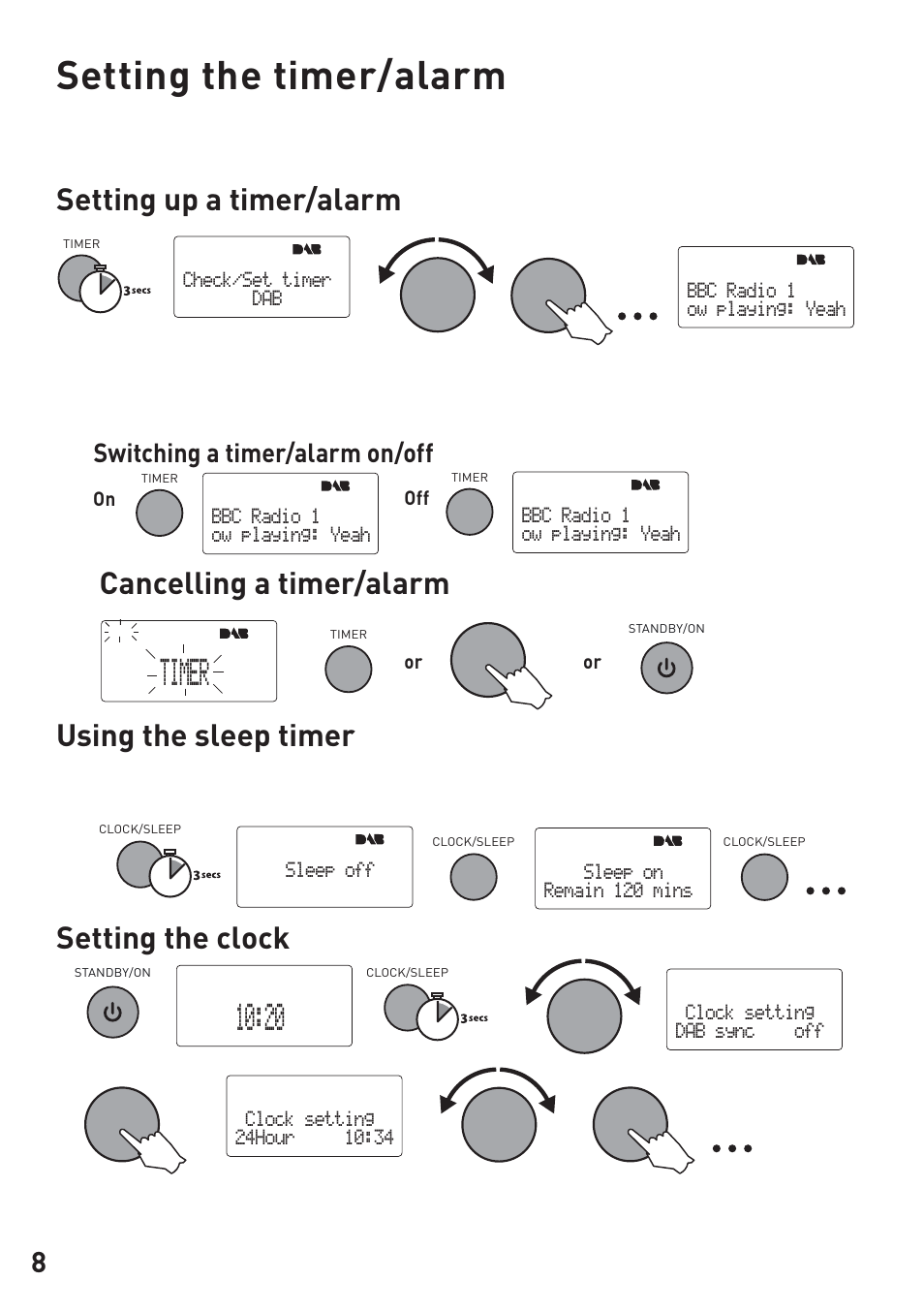 Setting the timer/alarm, C8<4a, Setting up a timer/alarm | Cancelling a timer/alarm using the sleep timer, Setting the clock, Switching a timer/alarm on/off | Pure DMX-20 User Manual | Page 10 / 14