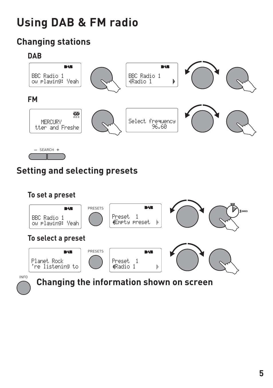 Using dab & fm radio, Changing stations, Setting and selecting presets | Changing the information shown on screen, Dab fm | Pure DMX-20 User Manual | Page 7 / 14