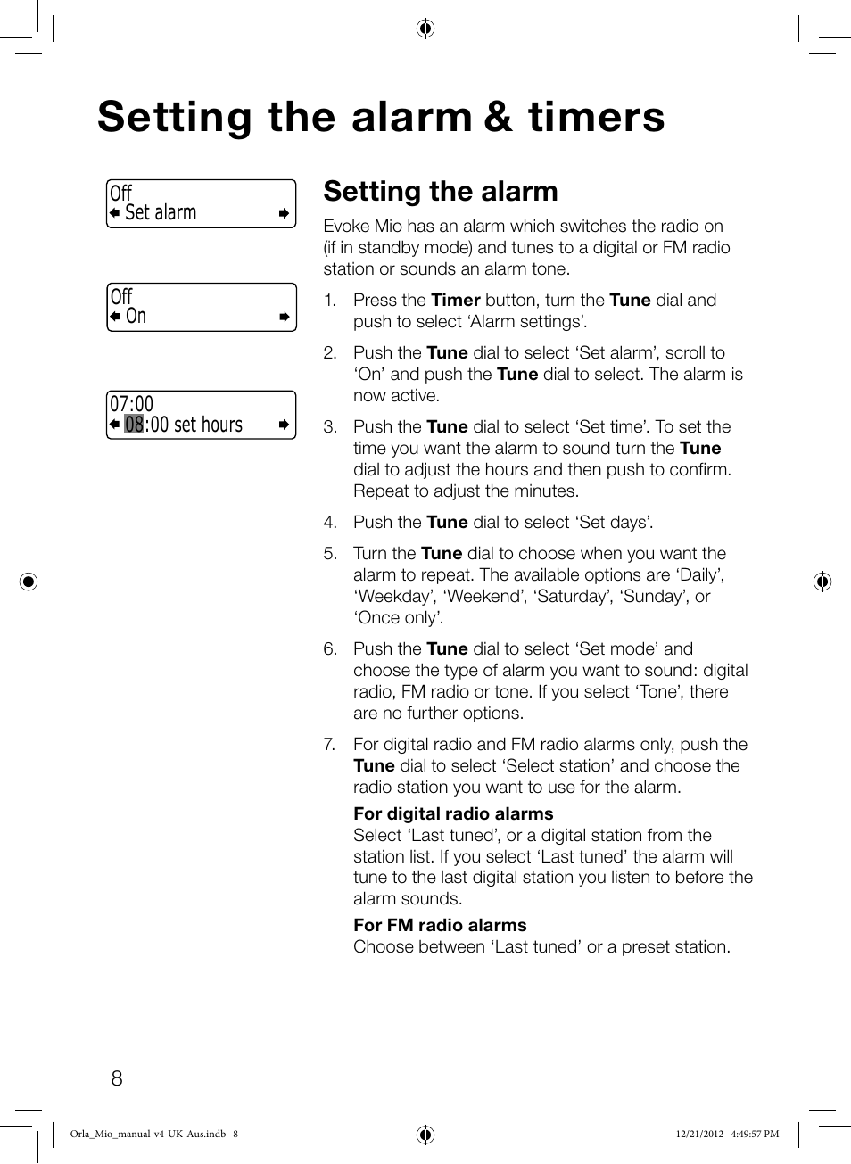 Setting the alarm & timers, Setting the alarm | Pure Orla Kiely User Manual | Page 10 / 22