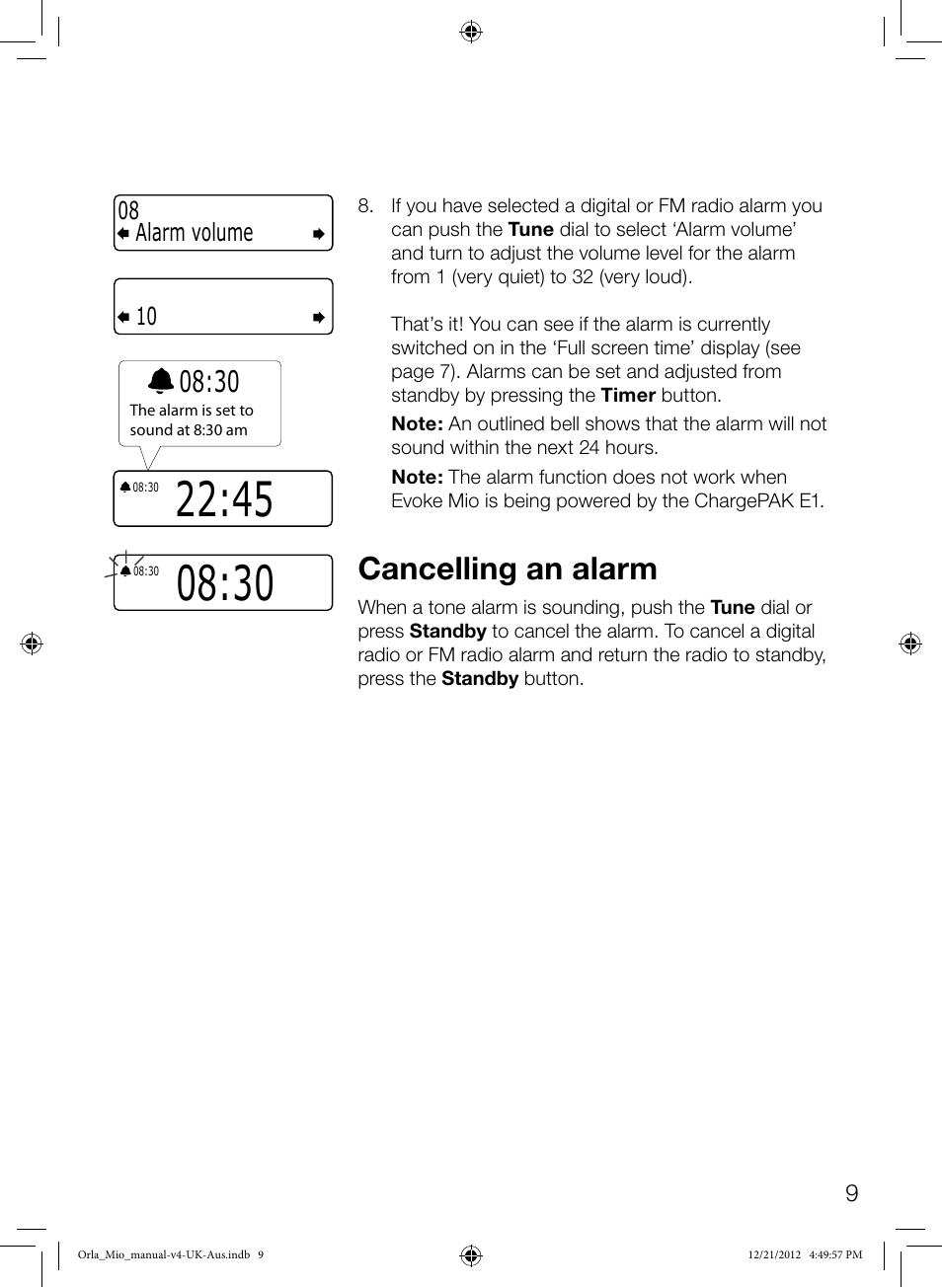 Cancelling an alarm, Alarm volume 08 10 | Pure Orla Kiely User Manual | Page 11 / 22