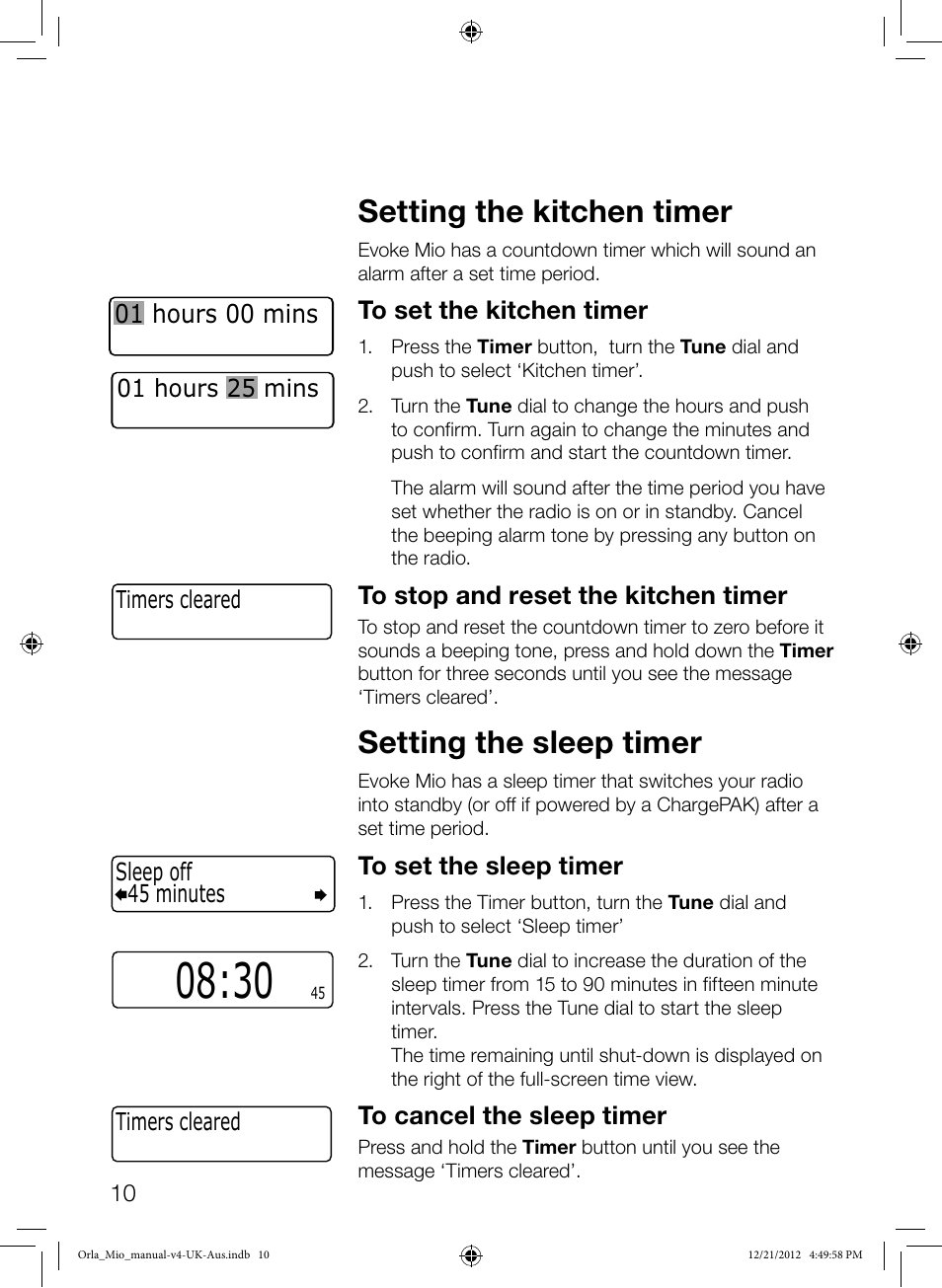 Setting the kitchen timer, Setting the sleep timer, 01 hours 00 mins | Pure Orla Kiely User Manual | Page 12 / 22