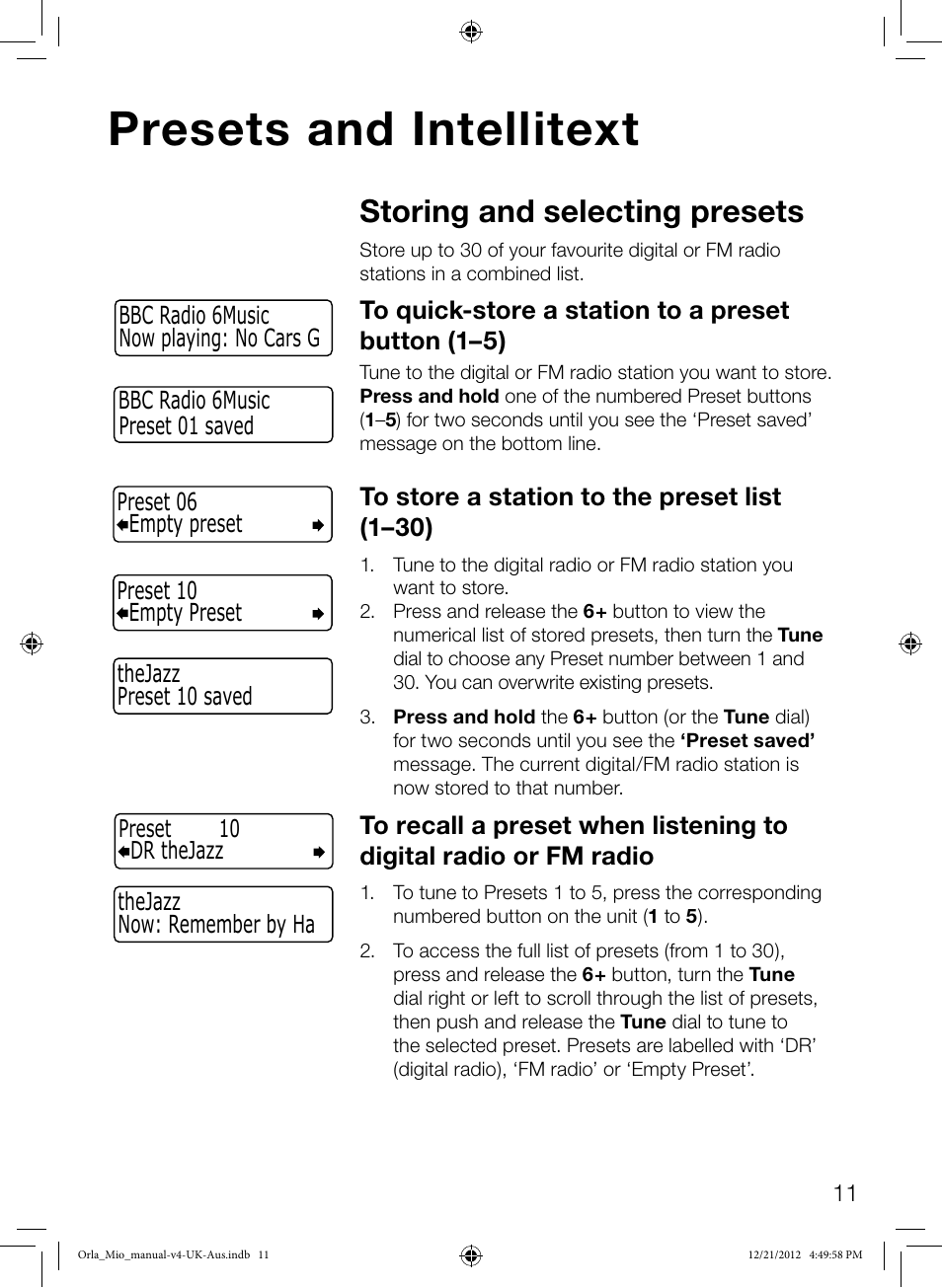 Presets and intellitext, Storing and selecting presets, Bbc radio 6music now playing: no cars g | Pure Orla Kiely User Manual | Page 13 / 22