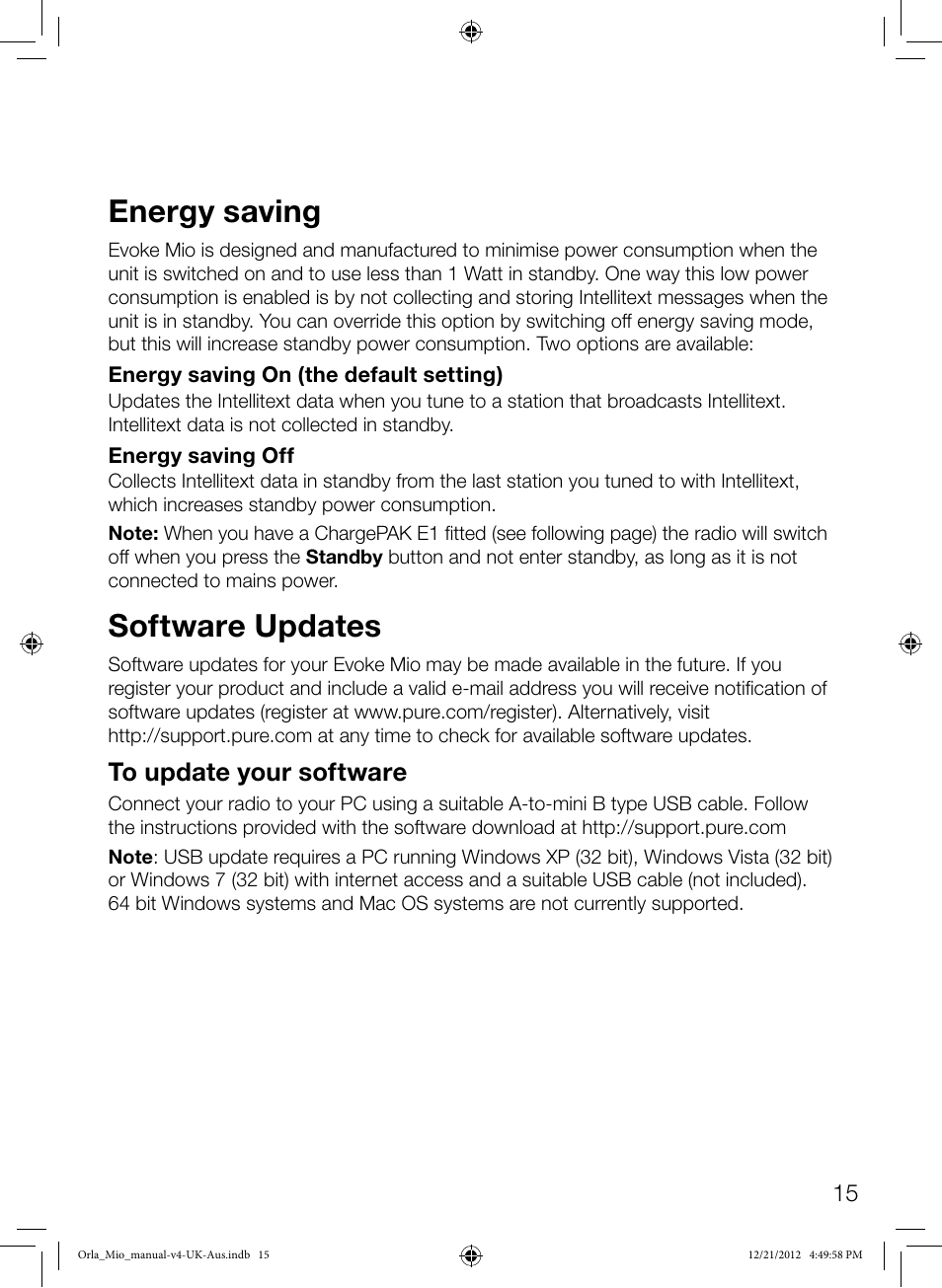 Energy saving, Software updates | Pure Orla Kiely User Manual | Page 17 / 22