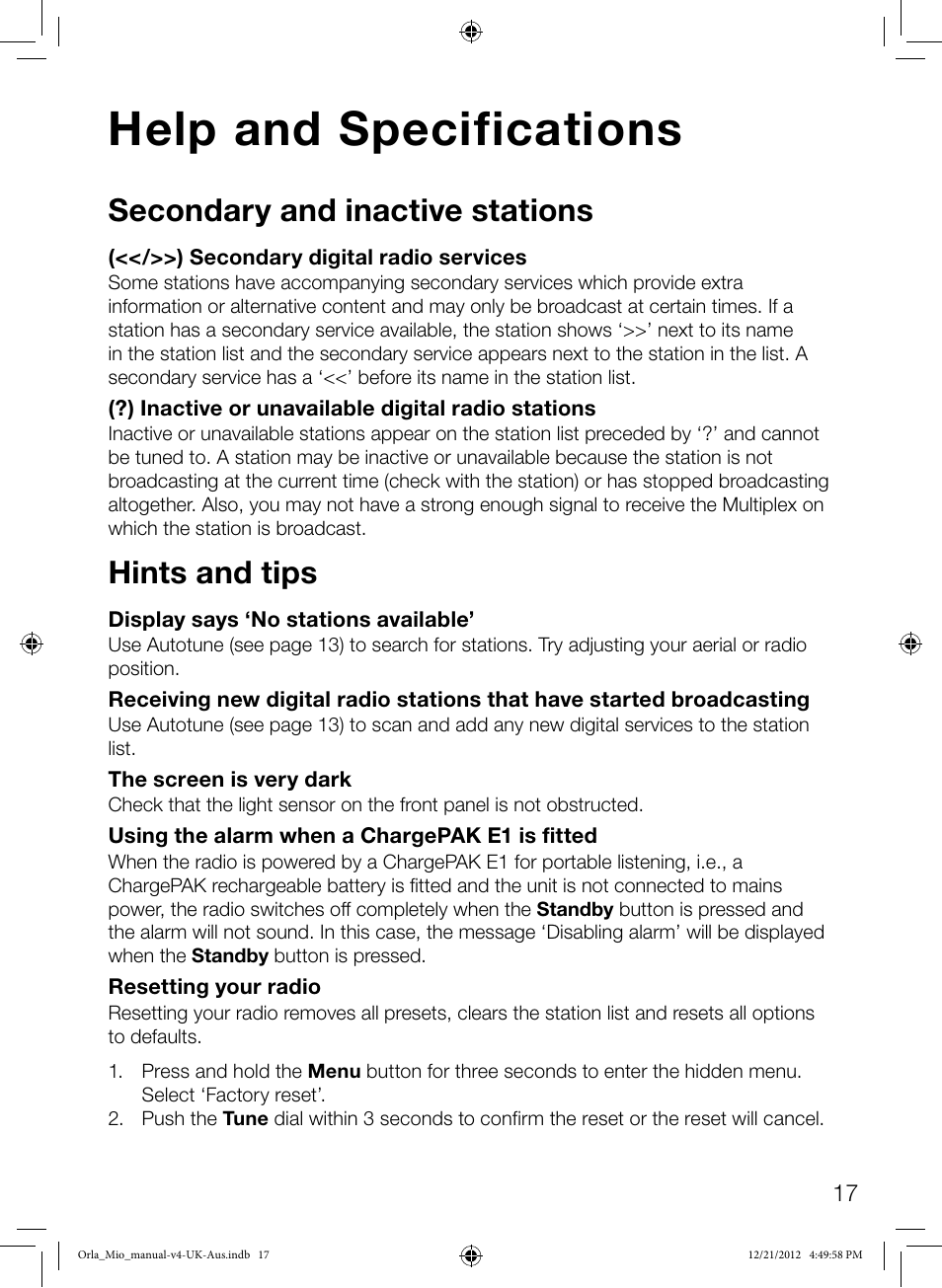 Help and specifications, Secondary and inactive stations, Hints and tips | Pure Orla Kiely User Manual | Page 19 / 22