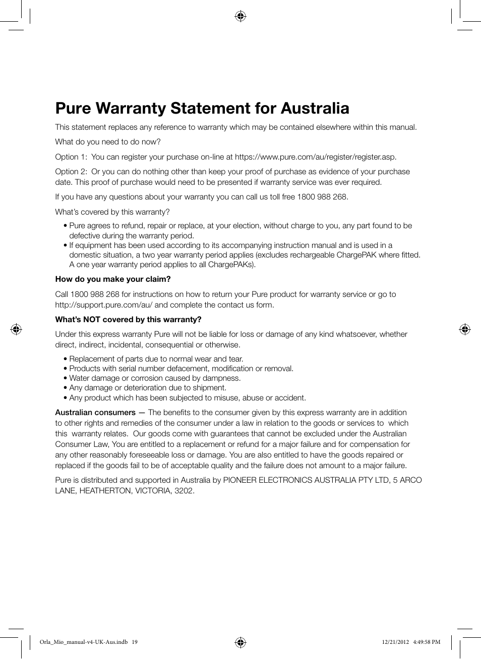 Pure warranty statement for australia | Pure Orla Kiely User Manual | Page 2 / 22