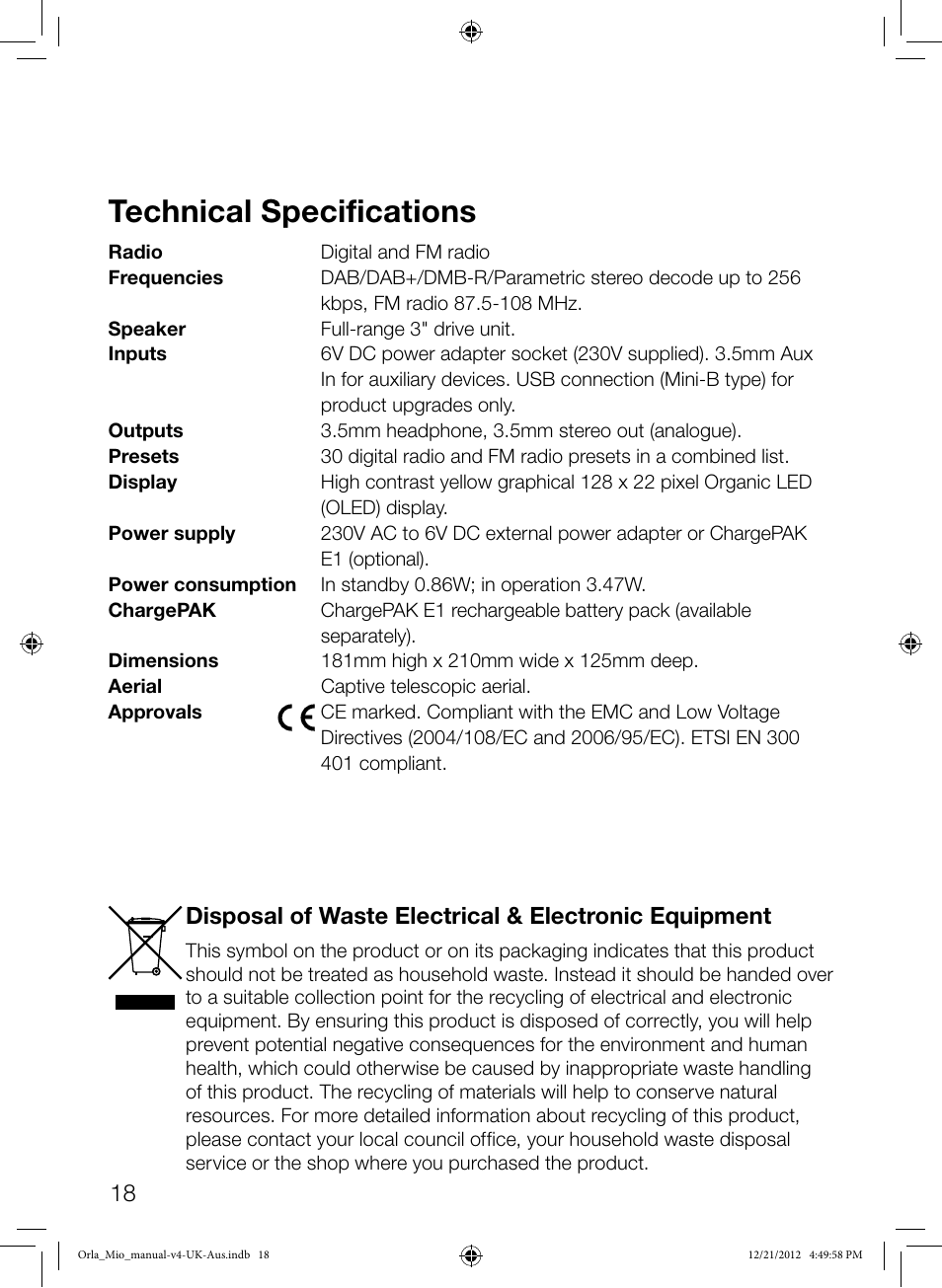 Technical specifications | Pure Orla Kiely User Manual | Page 20 / 22