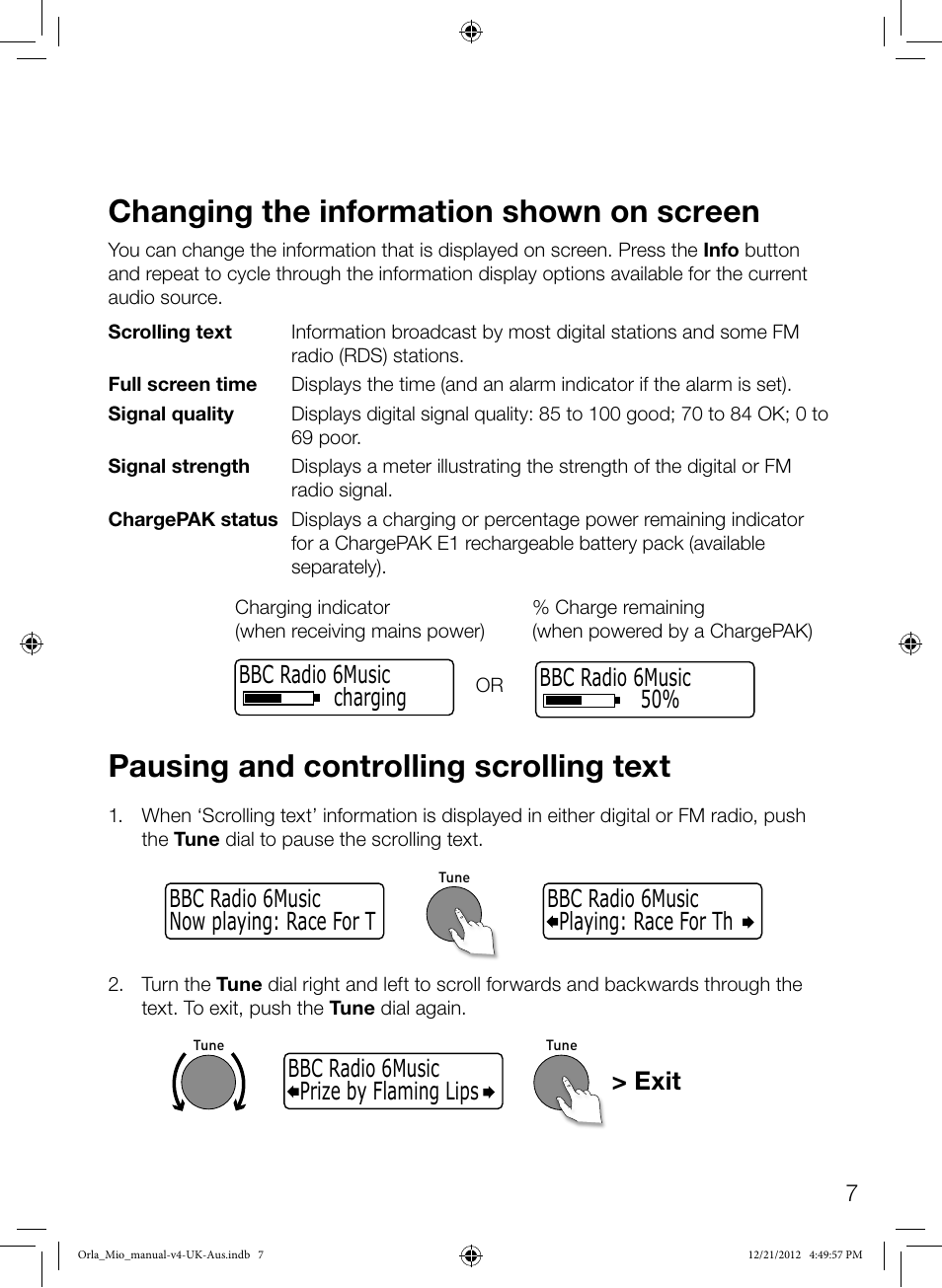 Changing the information shown on screen, Pausing and controlling scrolling text, Exit | Bbc radio 6music charging bbc radio 6music 50 | Pure Orla Kiely User Manual | Page 9 / 22