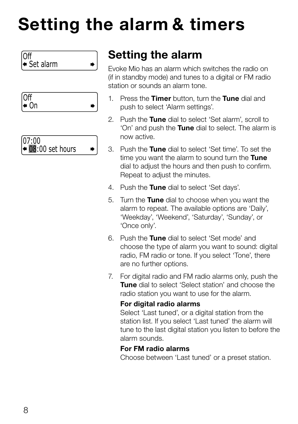 Setting the alarm & timers, Setting the alarm | Pure Evoke Mio Deutsche Grammophon User Manual | Page 10 / 112