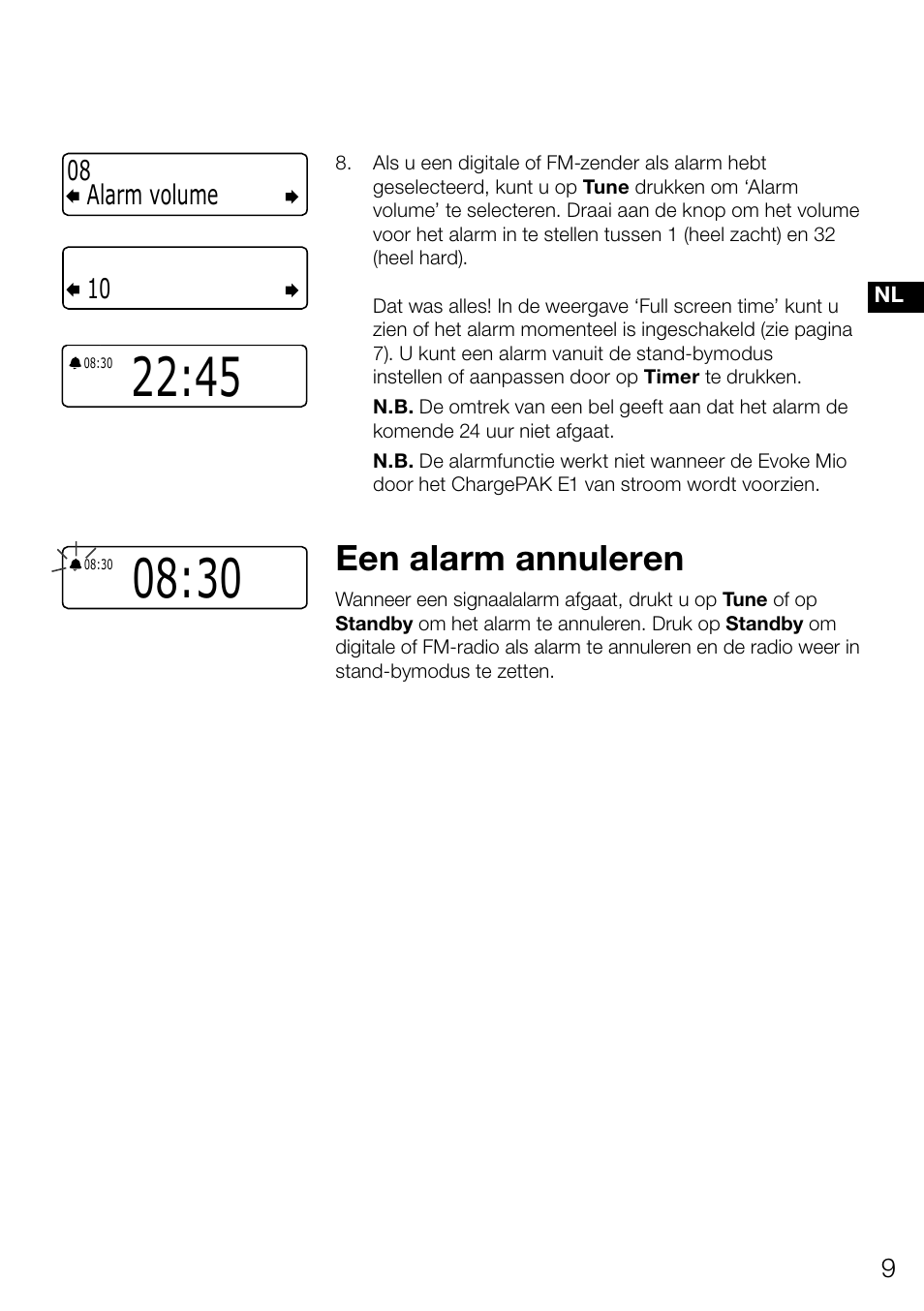 Het alarm en de timers instellen, Een alarm annuleren, Alarm volume 08 10 | Pure Evoke Mio Deutsche Grammophon User Manual | Page 101 / 112