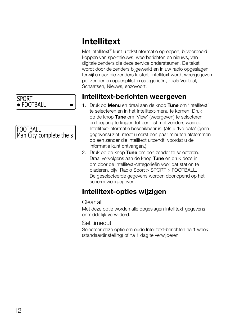 Intellitext, Intellitext-berichten weergeven, Intellitext-opties wijzigen | Football sport man city complete the s football | Pure Evoke Mio Deutsche Grammophon User Manual | Page 104 / 112