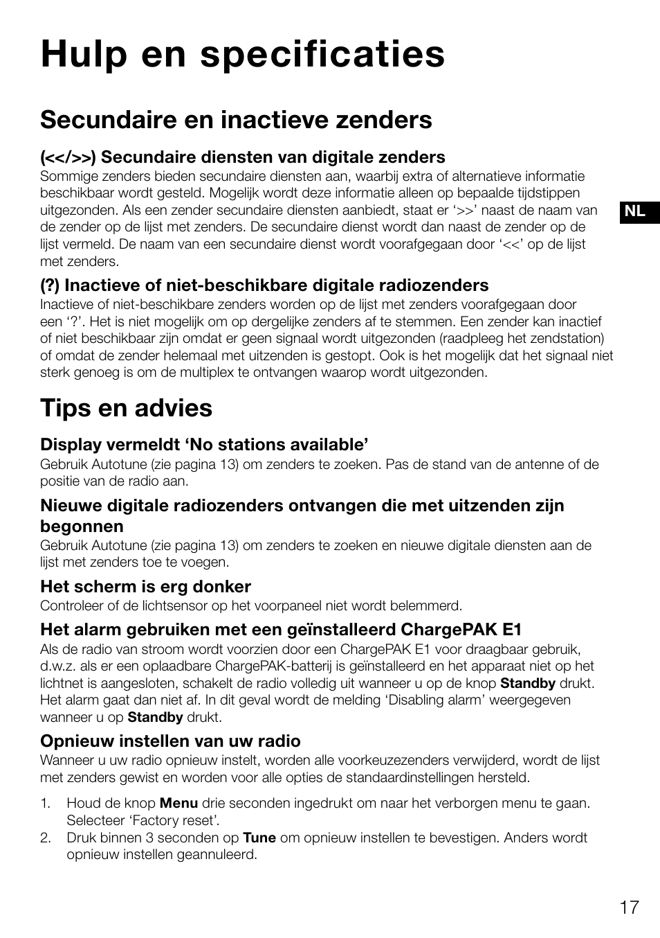Hulp en specificaties, Secundaire en inactieve zenders, Tips en advies | Pure Evoke Mio Deutsche Grammophon User Manual | Page 109 / 112
