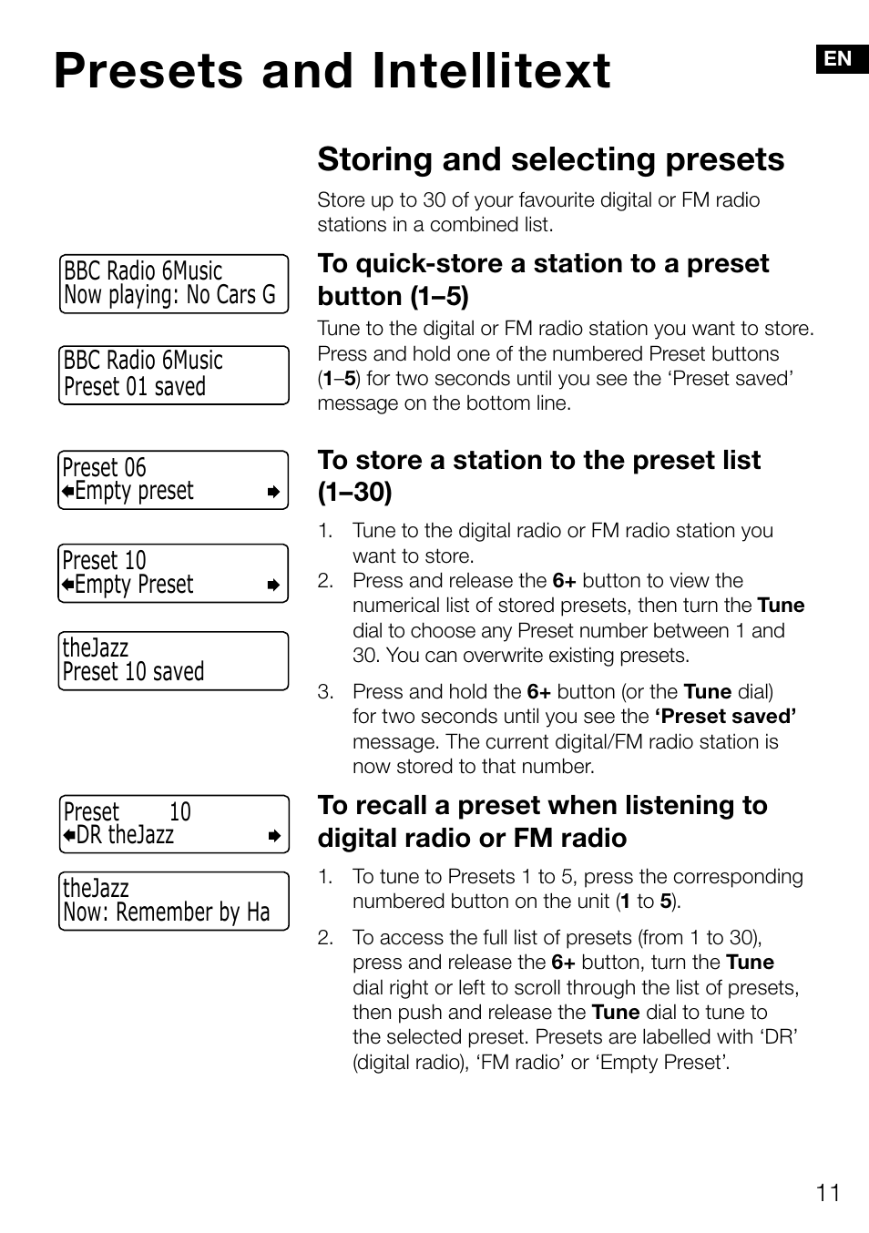 Presets and intellitext, Storing and selecting presets | Pure Evoke Mio Deutsche Grammophon User Manual | Page 13 / 112
