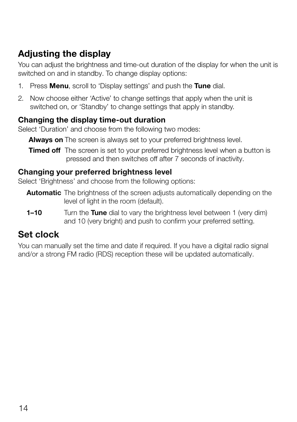 Adjusting the display, Set clock | Pure Evoke Mio Deutsche Grammophon User Manual | Page 16 / 112