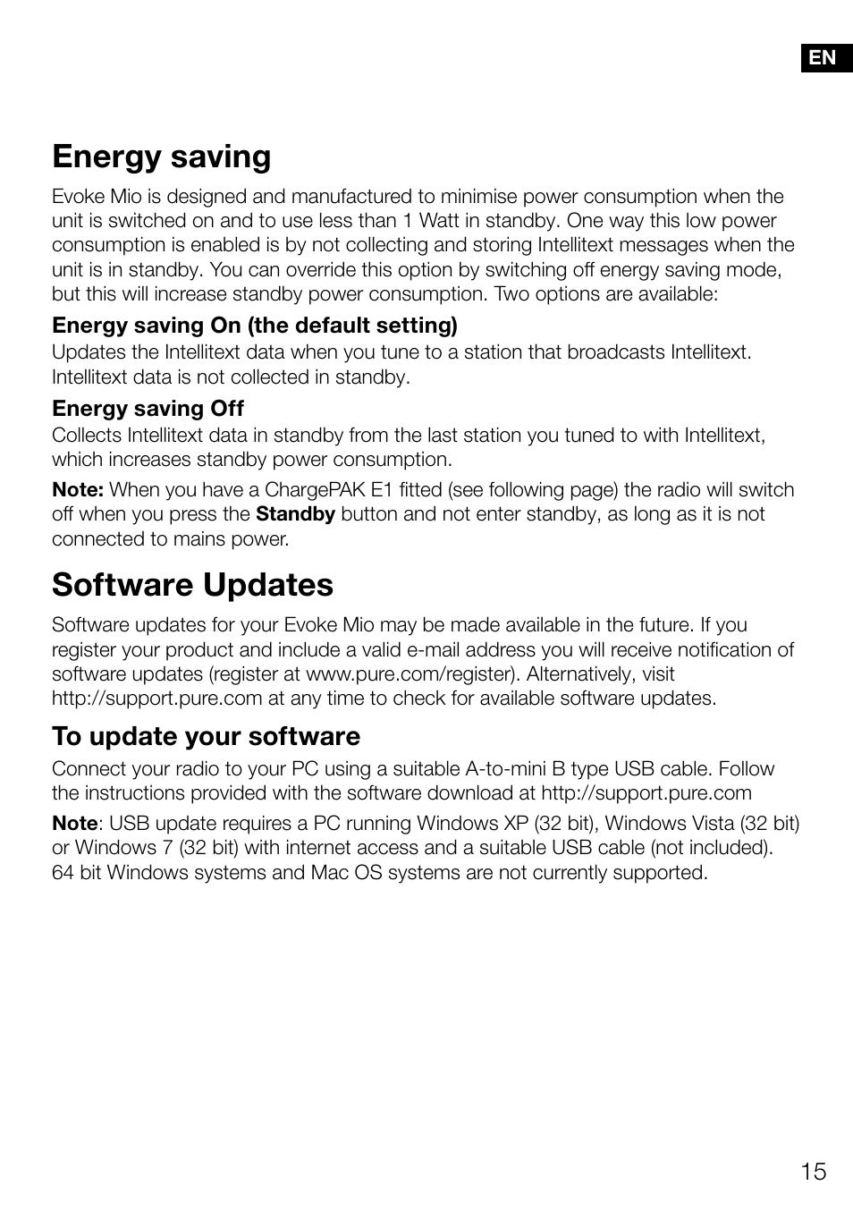 Energy saving, Software updates | Pure Evoke Mio Deutsche Grammophon User Manual | Page 17 / 112