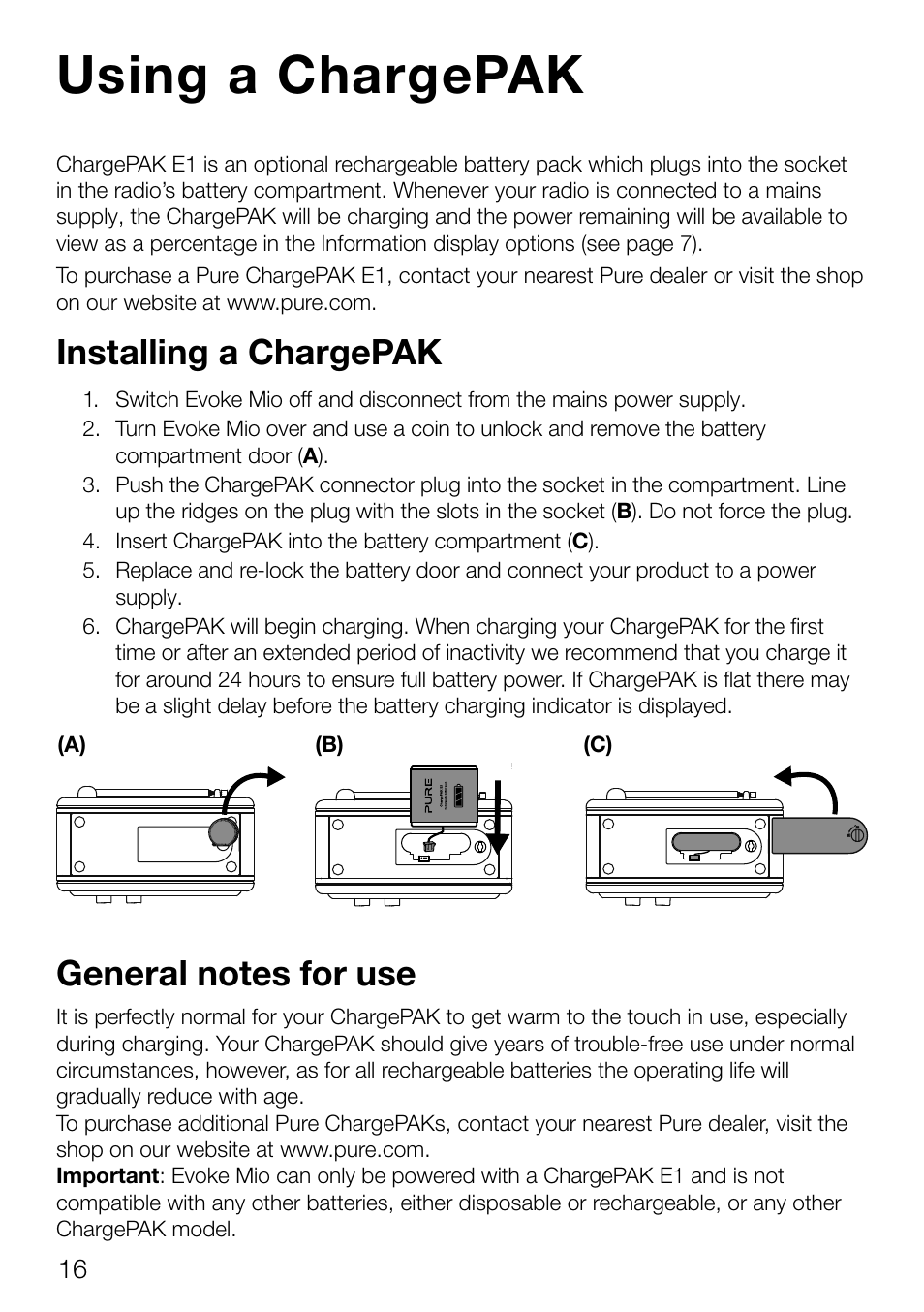 Using a chargepak, Installing a chargepak | Pure Evoke Mio Deutsche Grammophon User Manual | Page 18 / 112