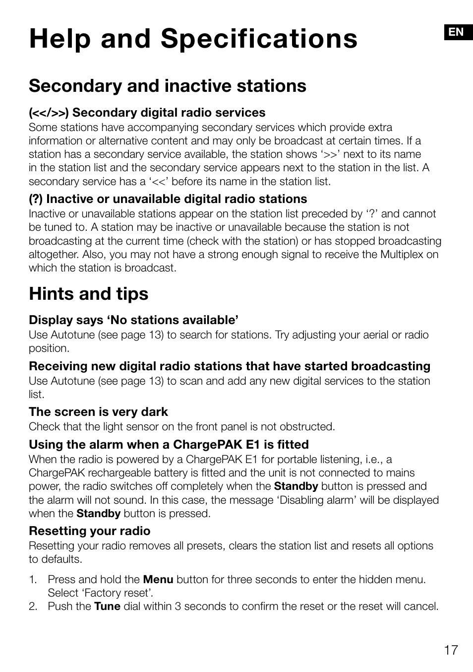 Help and specifications, Secondary and inactive stations, Hints and tips | Pure Evoke Mio Deutsche Grammophon User Manual | Page 19 / 112